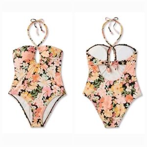 Shade & Shore Women's Halter Keyhole Bandeau One Piece Swimsuit Floral